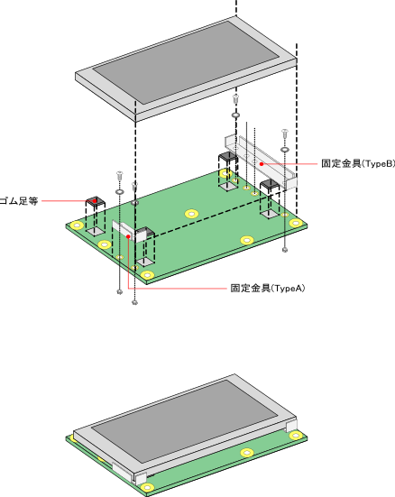 LCD拡張ボード(製品リビジョンB)のLCD固定金具の組み立て例