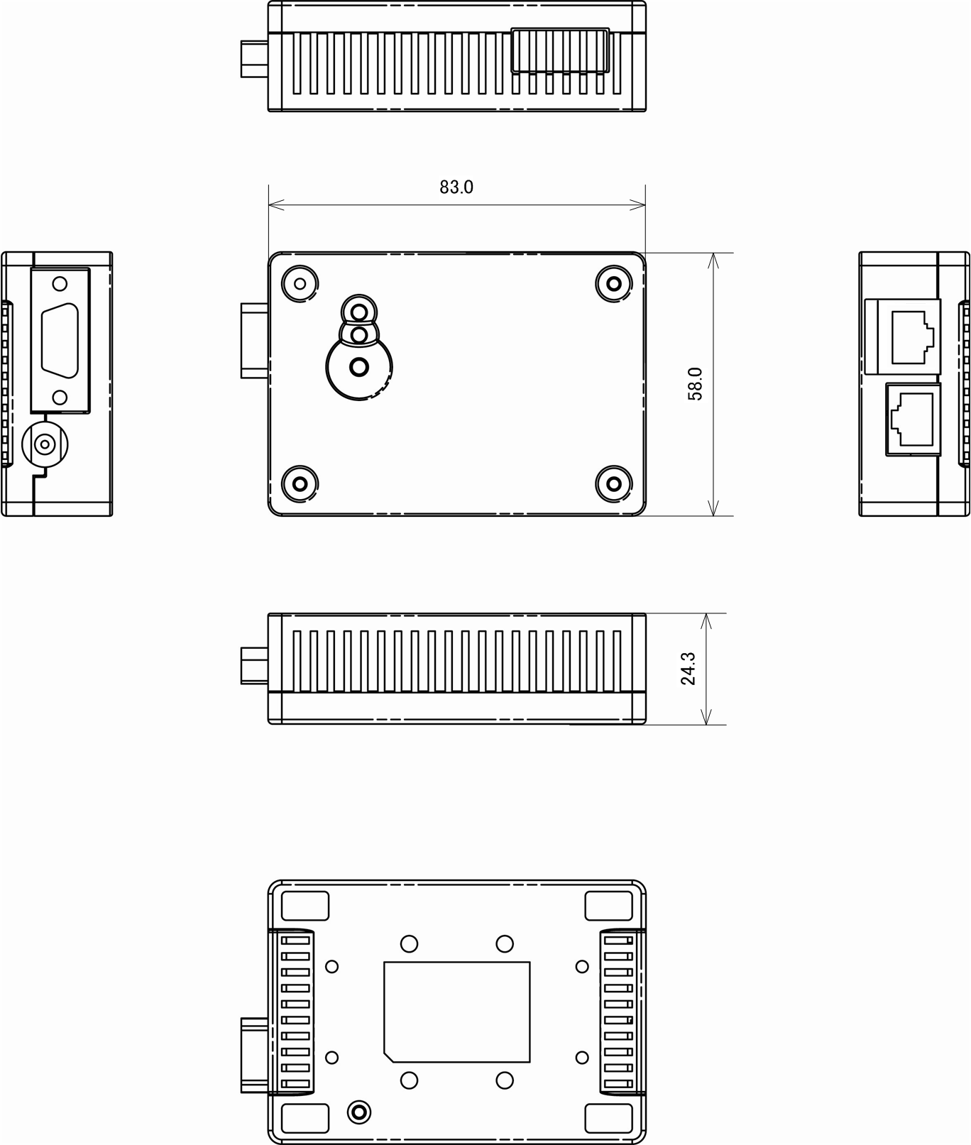 OP-CASE230-PLA-00形状は、CON15搭載部品変更後のArmadillo-230を図示したものです。詳しくはをご覧ください。