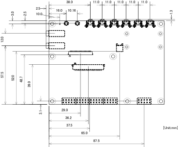 LCD拡張ボードのコネクタ位置寸法