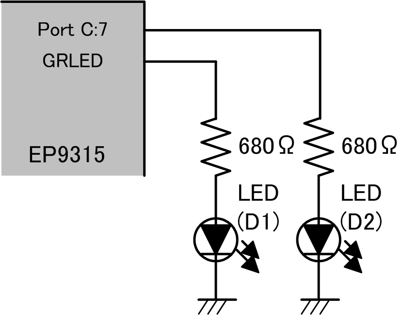 LED(D1,D2)の接続(基板リビジョンE 以後)