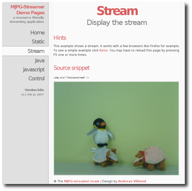 MJPG-Streamer Demo Pages画面