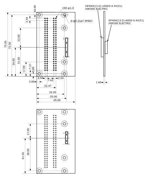 100ピンコネクタ ピッチ変換基板 形状図